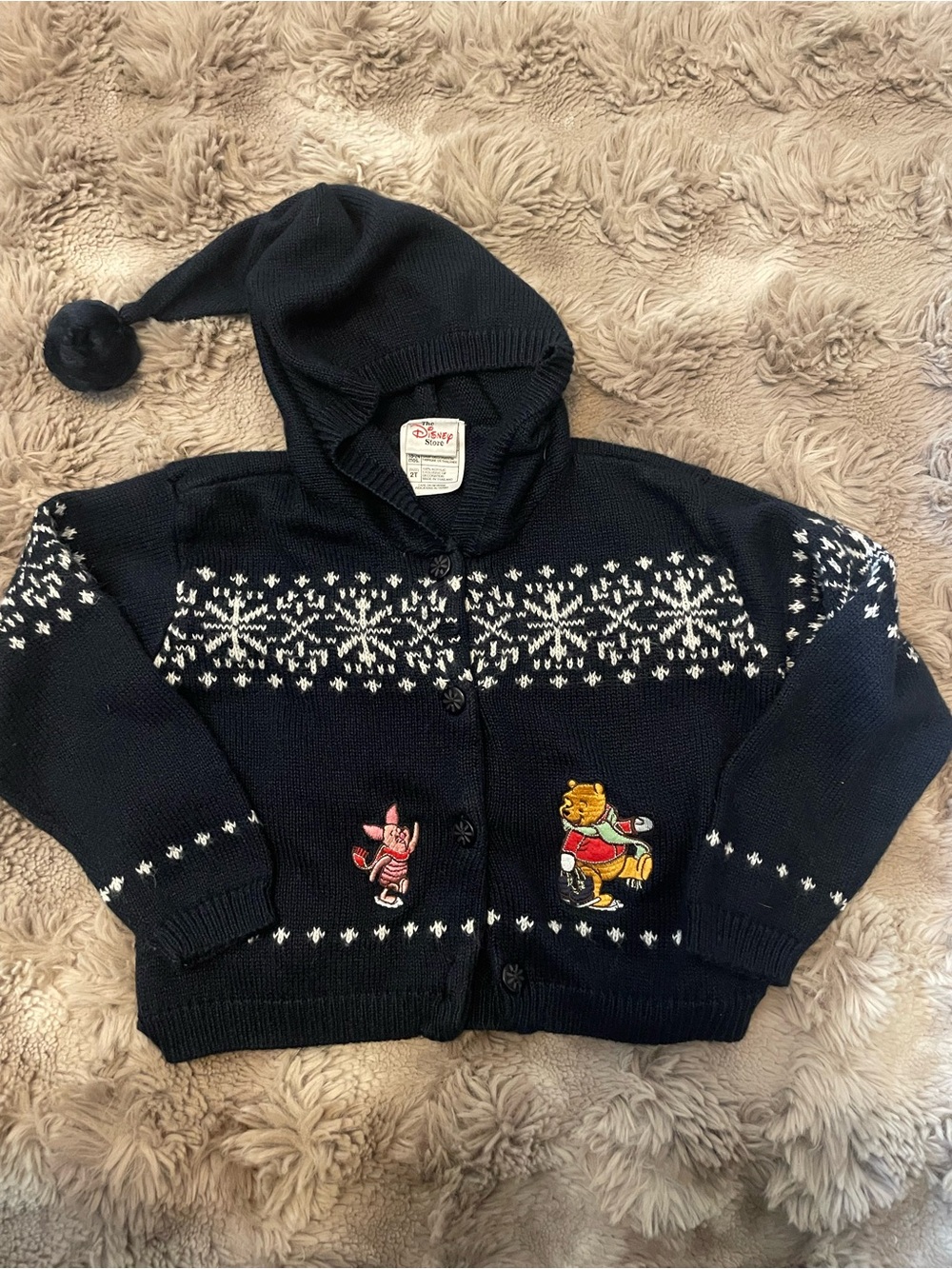 90s Disney Navy Hooded Cardigan with White Snowflake Knit